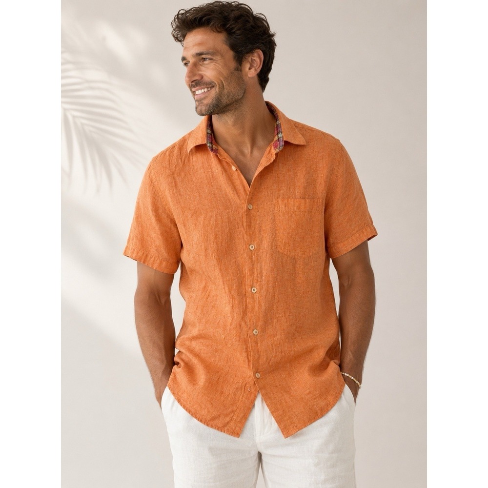 Alex Cannon 100% Linen Shirt Orange Coastal Vacation Resort Mens Large